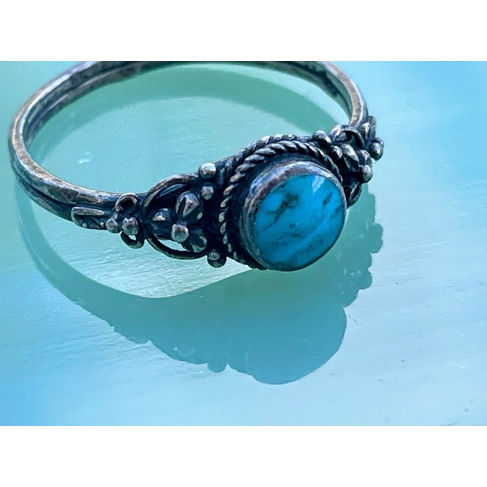 Vintage Southwest Blue Turquoise Ring With Flowers Sz 7 3/4 - Picture 6 of 10